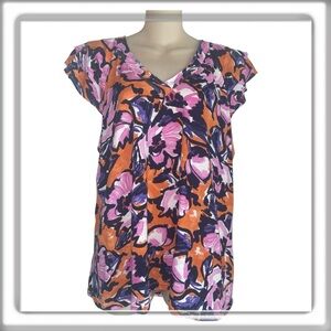 ATHROPOLOGIE Floral V-Neck Short Sleeve Top - Orange & Pink XL